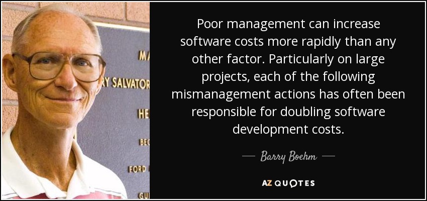 Poor management can increase software costs more rapidly than any other factor. Particularly on large projects, each of the following mismanagement actions has often been responsible for doubling software development costs. - Barry Boehm