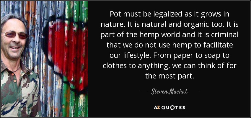 Pot must be legalized as it grows in nature. It is natural and organic too. It is part of the hemp world and it is criminal that we do not use hemp to facilitate our lifestyle. From paper to soap to clothes to anything, we can think of for the most part. - Steven Machat