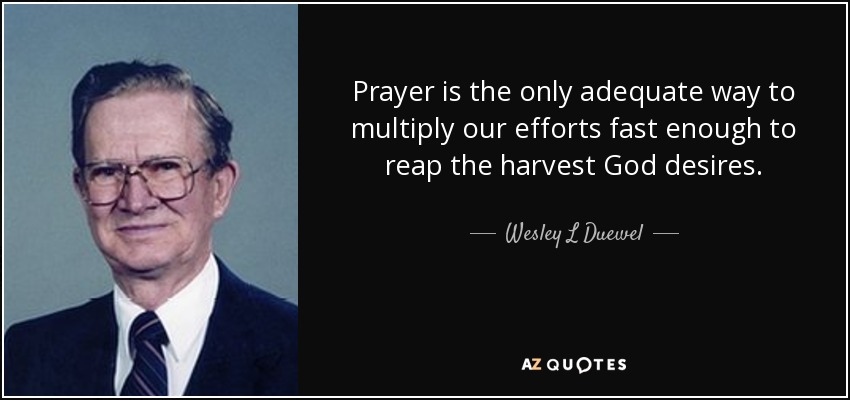 Prayer is the only adequate way to multiply our efforts fast enough to reap the harvest God desires. - Wesley L Duewel