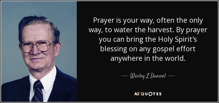 Prayer is your way, often the only way, to water the harvest. By prayer you can bring the Holy Spirit's blessing on any gospel effort anywhere in the world. - Wesley L Duewel
