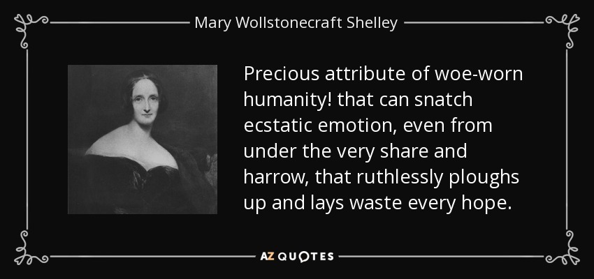 Precious attribute of woe-worn humanity! that can snatch ecstatic emotion, even from under the very share and harrow, that ruthlessly ploughs up and lays waste every hope. - Mary Wollstonecraft Shelley