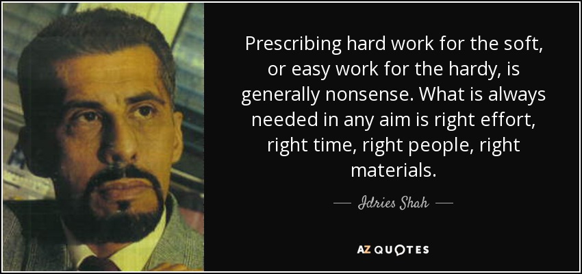 Prescribing hard work for the soft, or easy work for the hardy, is generally nonsense. What is always needed in any aim is right effort, right time, right people, right materials. - Idries Shah