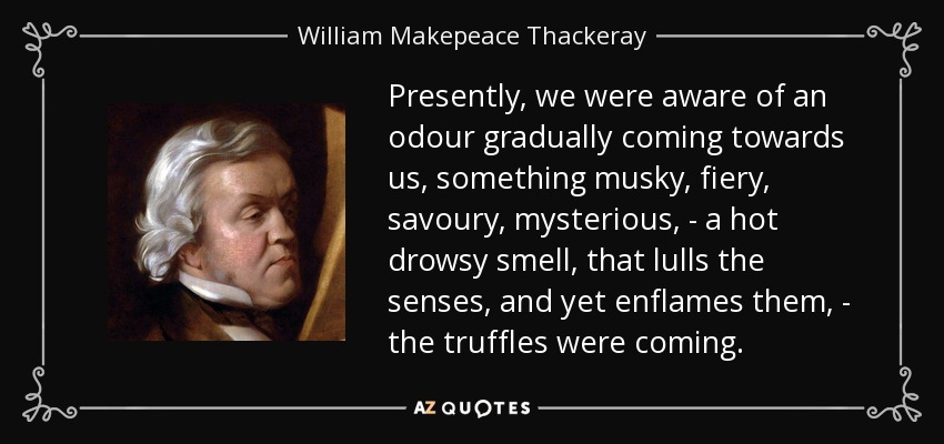 Presently, we were aware of an odour gradually coming towards us, something musky, fiery, savoury, mysterious, - a hot drowsy smell, that lulls the senses, and yet enflames them, - the truffles were coming. - William Makepeace Thackeray