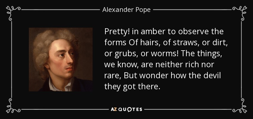 Pretty! in amber to observe the forms Of hairs, of straws, or dirt, or grubs, or worms! The things, we know, are neither rich nor rare, But wonder how the devil they got there. - Alexander Pope