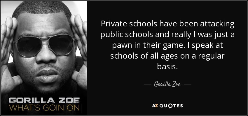 Private schools have been attacking public schools and really I was just a pawn in their game. I speak at schools of all ages on a regular basis. - Gorilla Zoe