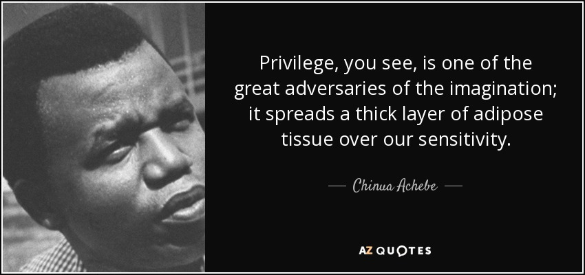 Privilege, you see, is one of the great adversaries of the imagination; it spreads a thick layer of adipose tissue over our sensitivity. - Chinua Achebe