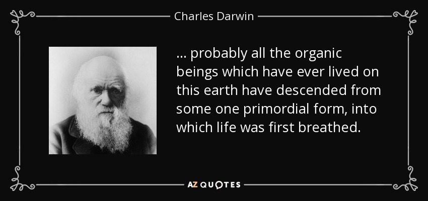 ... probably all the organic beings which have ever lived on this earth have descended from some one primordial form, into which life was first breathed. - Charles Darwin