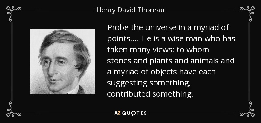 Probe the universe in a myriad of points. ... He is a wise man who has taken many views; to whom stones and plants and animals and a myriad of objects have each suggesting something, contributed something. - Henry David Thoreau