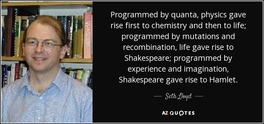 Programmed by quanta, physics gave rise first to chemistry and then to life; programmed by mutations and recombination, life gave rise to Shakespeare; programmed by experience and imagination, Shakespeare gave rise to Hamlet. - Seth Lloyd