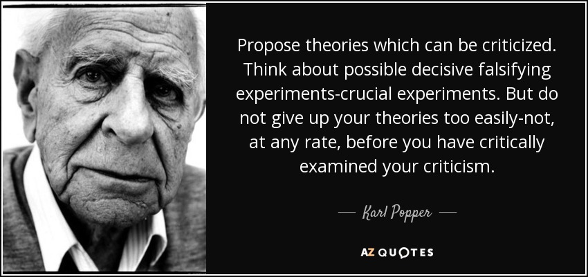 Propose theories which can be criticized. Think about possible decisive falsifying experiments-crucial experiments. But do not give up your theories too easily-not, at any rate, before you have critically examined your criticism. - Karl Popper