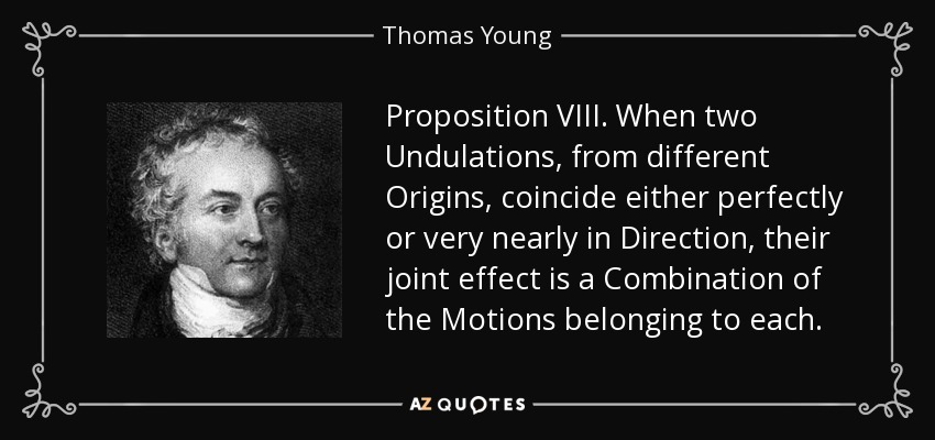 Proposition VIII. When two Undulations, from different Origins, coincide either perfectly or very nearly in Direction, their joint effect is a Combination of the Motions belonging to each. - Thomas Young