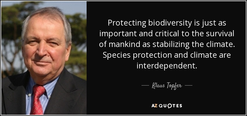 Protecting biodiversity is just as important and critical to the survival of mankind as stabilizing the climate. Species protection and climate are interdependent. - Klaus Topfer