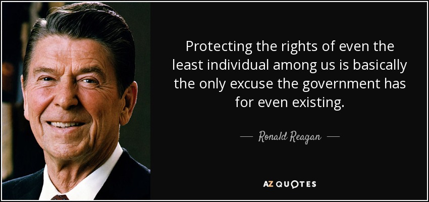 Protecting the rights of even the least individual among us is basically the only excuse the government has for even existing. - Ronald Reagan