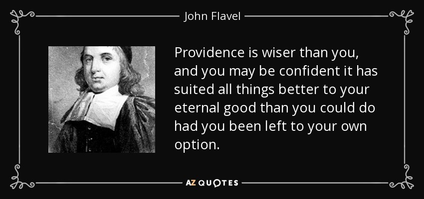 Providence is wiser than you, and you may be confident it has suited all things better to your eternal good than you could do had you been left to your own option. - John Flavel