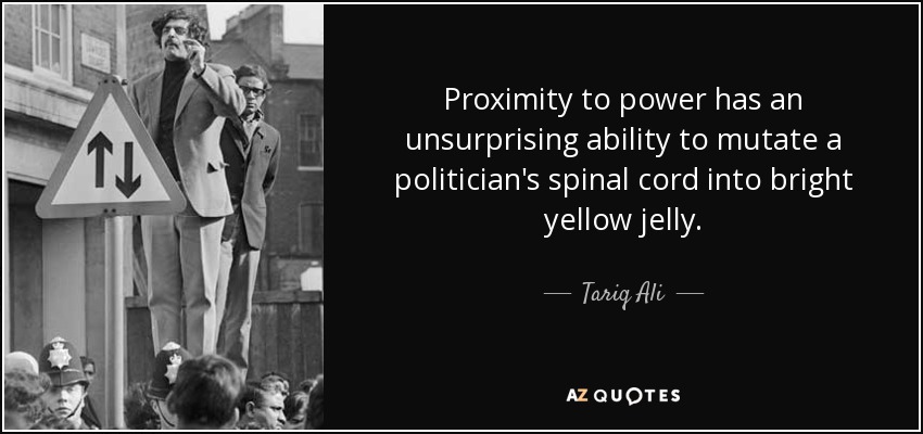 Proximity to power has an unsurprising ability to mutate a politician's spinal cord into bright yellow jelly. - Tariq Ali