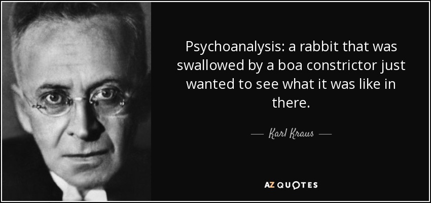 Psychoanalysis: a rabbit that was swallowed by a boa constrictor just wanted to see what it was like in there. - Karl Kraus