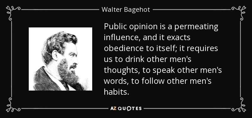 Public opinion is a permeating influence, and it exacts obedience to itself; it requires us to drink other men's thoughts, to speak other men's words, to follow other men's habits. - Walter Bagehot