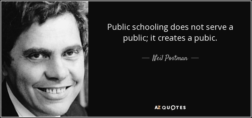 Public schooling does not serve a public; it creates a pubic. - Neil Postman