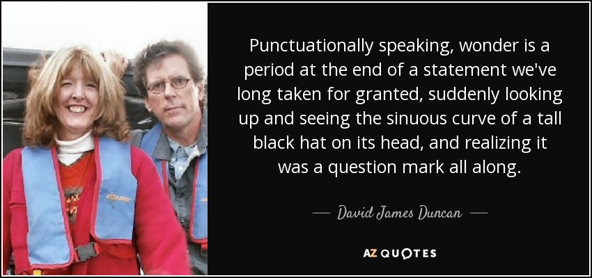 Punctuationally speaking, wonder is a period at the end of a statement we've long taken for granted, suddenly looking up and seeing the sinuous curve of a tall black hat on its head, and realizing it was a question mark all along. - David James Duncan