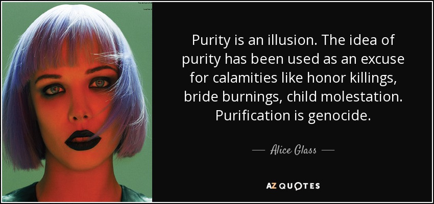 Purity is an illusion. The idea of purity has been used as an excuse for calamities like honor killings, bride burnings, child molestation. Purification is genocide. - Alice Glass