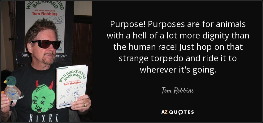 Purpose! Purposes are for animals with a hell of a lot more dignity than the human race! Just hop on that strange torpedo and ride it to wherever it's going. - Tom Robbins
