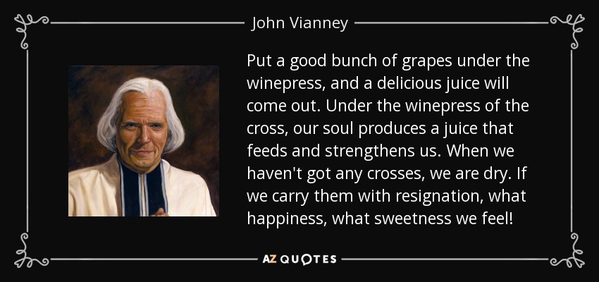 Put a good bunch of grapes under the winepress, and a delicious juice will come out. Under the winepress of the cross, our soul produces a juice that feeds and strengthens us. When we haven't got any crosses, we are dry. If we carry them with resignation, what happiness, what sweetness we feel! - John Vianney