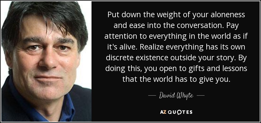Put down the weight of your aloneness and ease into the conversation. Pay attention to everything in the world as if it's alive. Realize everything has its own discrete existence outside your story. By doing this, you open to gifts and lessons that the world has to give you. - David Whyte