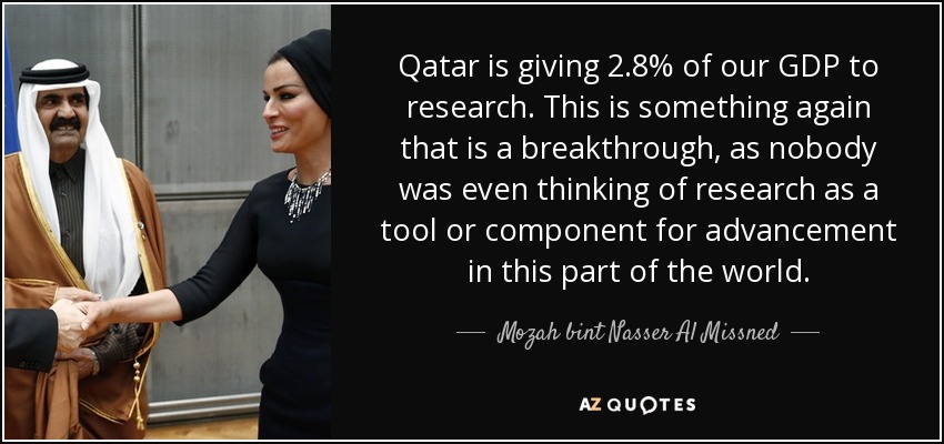 Qatar is giving 2.8% of our GDP to research. This is something again that is a breakthrough, as nobody was even thinking of research as a tool or component for advancement in this part of the world. - Mozah bint Nasser Al Missned