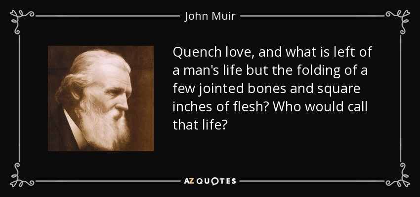 Quench love, and what is left of a man's life but the folding of a few jointed bones and square inches of flesh? Who would call that life? - John Muir