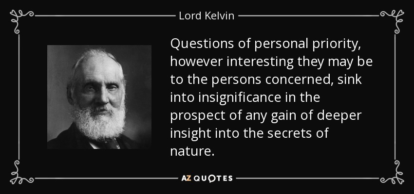 Questions of personal priority, however interesting they may be to the persons concerned, sink into insignificance in the prospect of any gain of deeper insight into the secrets of nature. - Lord Kelvin