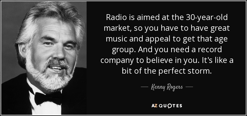 Radio is aimed at the 30-year-old market, so you have to have great music and appeal to get that age group. And you need a record company to believe in you. It's like a bit of the perfect storm. - Kenny Rogers