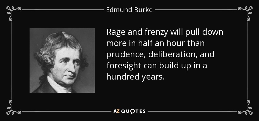 Rage and frenzy will pull down more in half an hour than prudence, deliberation, and foresight can build up in a hundred years. - Edmund Burke