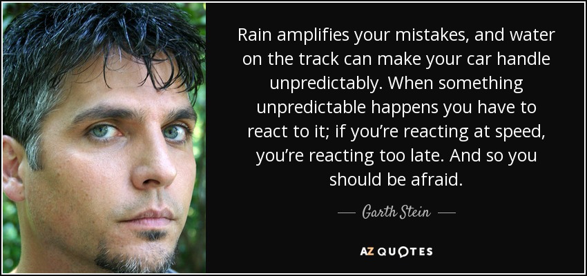 Rain amplifies your mistakes, and water on the track can make your car handle unpredictably. When something unpredictable happens you have to react to it; if you’re reacting at speed, you’re reacting too late. And so you should be afraid. - Garth Stein