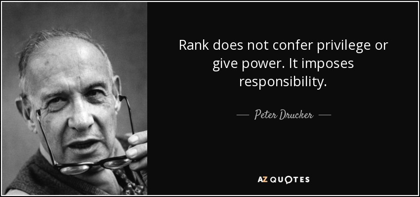 Rank does not confer privilege or give power. It imposes responsibility. - Peter Drucker