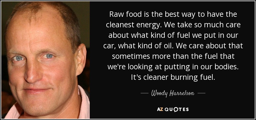 Raw food is the best way to have the cleanest energy. We take so much care about what kind of fuel we put in our car, what kind of oil. We care about that sometimes more than the fuel that we're looking at putting in our bodies. It's cleaner burning fuel. - Woody Harrelson