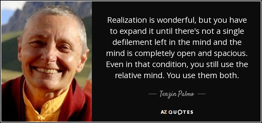 Realization is wonderful, but you have to expand it until there's not a single defilement left in the mind and the mind is completely open and spacious. Even in that condition, you still use the relative mind. You use them both. - Tenzin Palmo