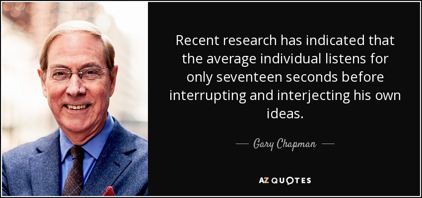 Recent research has indicated that the average individual listens for only seventeen seconds before interrupting and interjecting his own ideas. - Gary Chapman