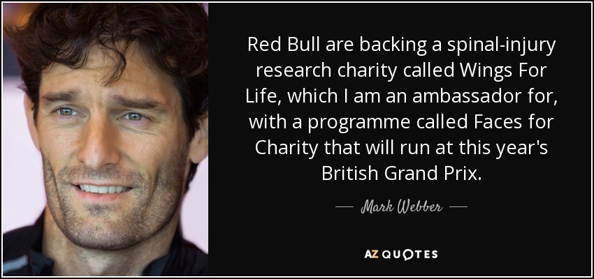 Red Bull are backing a spinal-injury research charity called Wings For Life, which I am an ambassador for, with a programme called Faces for Charity that will run at this year's British Grand Prix. - Mark Webber