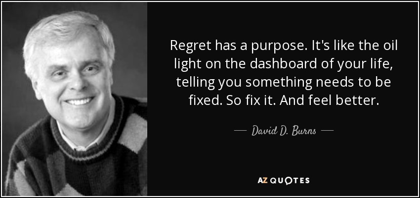 Regret has a purpose. It's like the oil light on the dashboard of your life, telling you something needs to be fixed. So fix it. And feel better. - David D. Burns