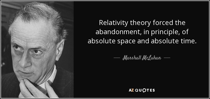 Relativity theory forced the abandonment, in principle, of absolute space and absolute time. - Marshall McLuhan