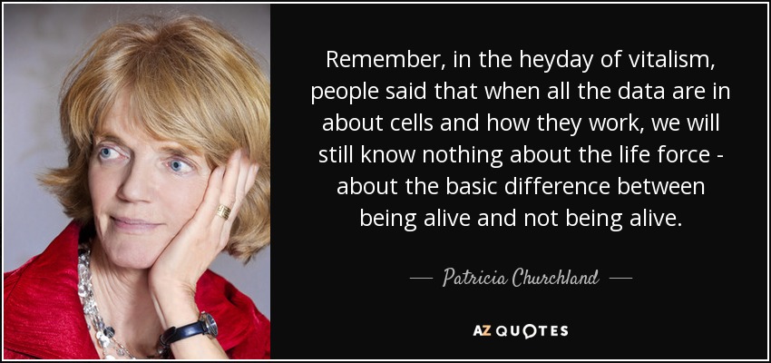 Remember, in the heyday of vitalism, people said that when all the data are in about cells and how they work, we will still know nothing about the life force - about the basic difference between being alive and not being alive. - Patricia Churchland