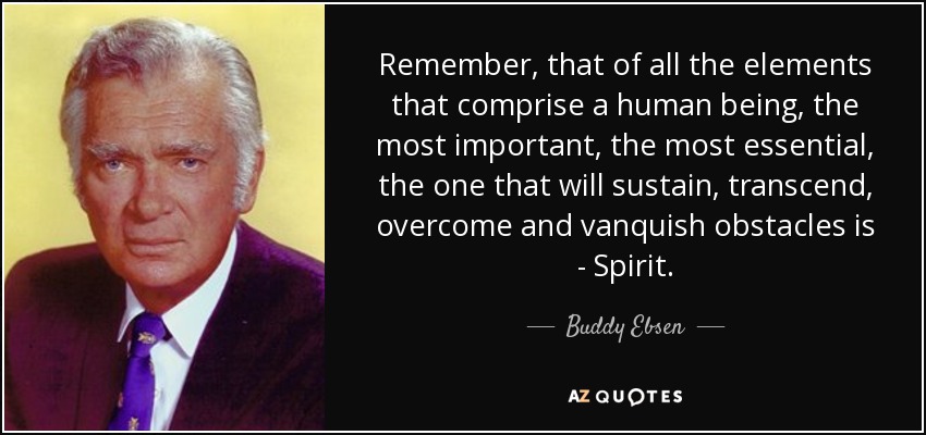 Remember, that of all the elements that comprise a human being, the most important, the most essential, the one that will sustain, transcend, overcome and vanquish obstacles is - Spirit. - Buddy Ebsen