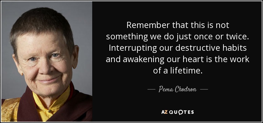 Remember that this is not something we do just once or twice. Interrupting our destructive habits and awakening our heart is the work of a lifetime. - Pema Chodron