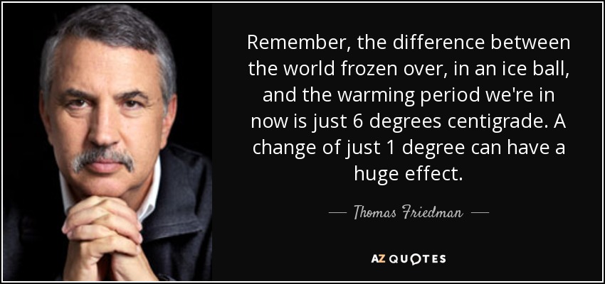 Remember, the difference between the world frozen over, in an ice ball, and the warming period we're in now is just 6 degrees centigrade. A change of just 1 degree can have a huge effect. - Thomas Friedman