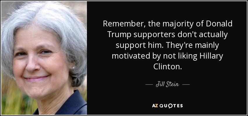 Remember, the majority of Donald Trump supporters don't actually support him. They're mainly motivated by not liking Hillary Clinton. - Jill Stein