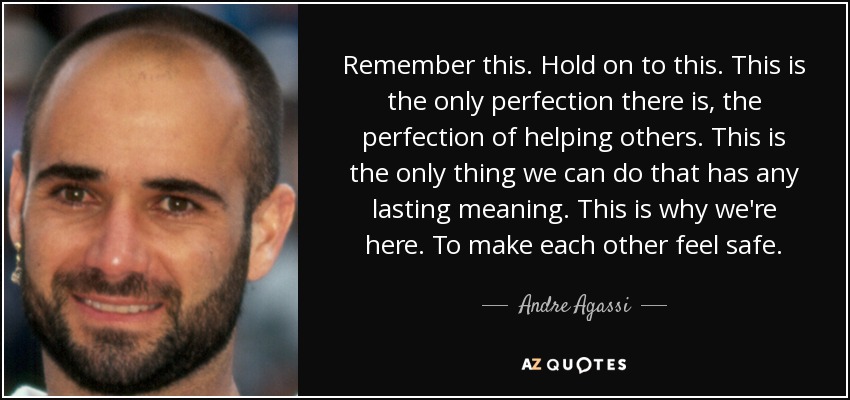 Remember this. Hold on to this. This is the only perfection there is, the perfection of helping others. This is the only thing we can do that has any lasting meaning. This is why we're here. To make each other feel safe. - Andre Agassi