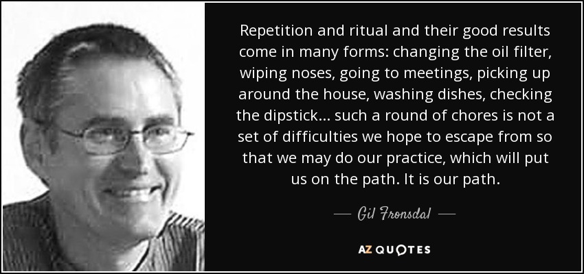 Repetition and ritual and their good results come in many forms: changing the oil filter, wiping noses, going to meetings, picking up around the house, washing dishes, checking the dipstick . . . such a round of chores is not a set of difficulties we hope to escape from so that we may do our practice, which will put us on the path. It is our path. - Gil Fronsdal