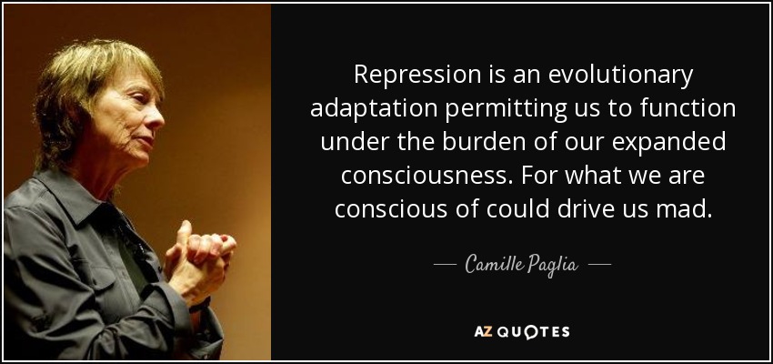 Repression is an evolutionary adaptation permitting us to function under the burden of our expanded consciousness. For what we are conscious of could drive us mad. - Camille Paglia