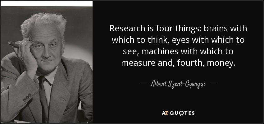 Research is four things: brains with which to think, eyes with which to see, machines with which to measure and, fourth, money. - Albert Szent-Gyorgyi