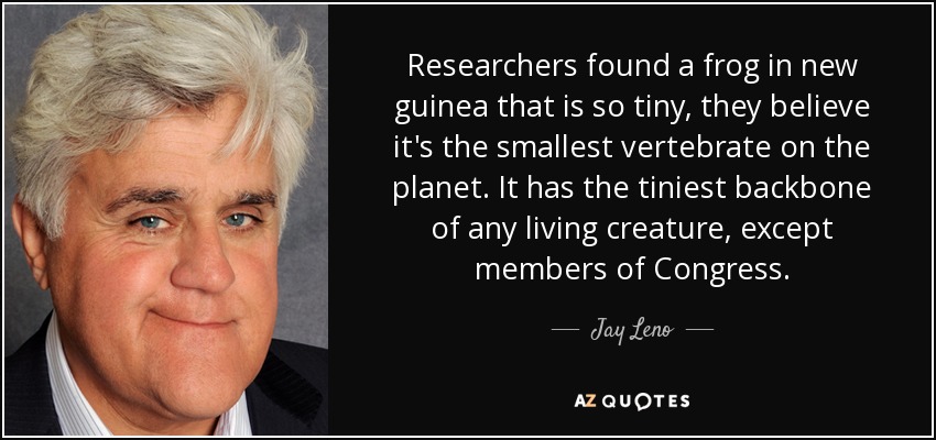 Researchers found a frog in new guinea that is so tiny, they believe it's the smallest vertebrate on the planet. It has the tiniest backbone of any living creature, except members of Congress. - Jay Leno